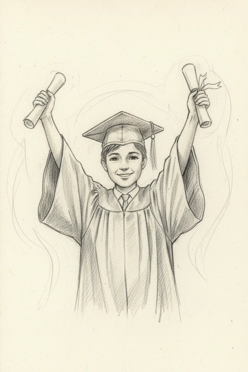 A pencil sketch of a graduate in cap and gown holding a diploma