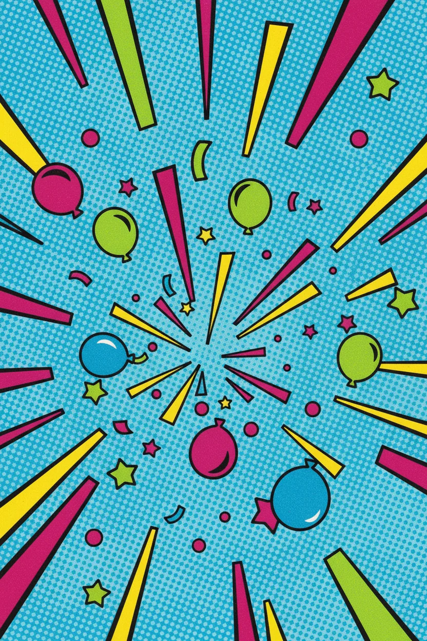 A pop-art screenprint of celebratory confetti and balloons