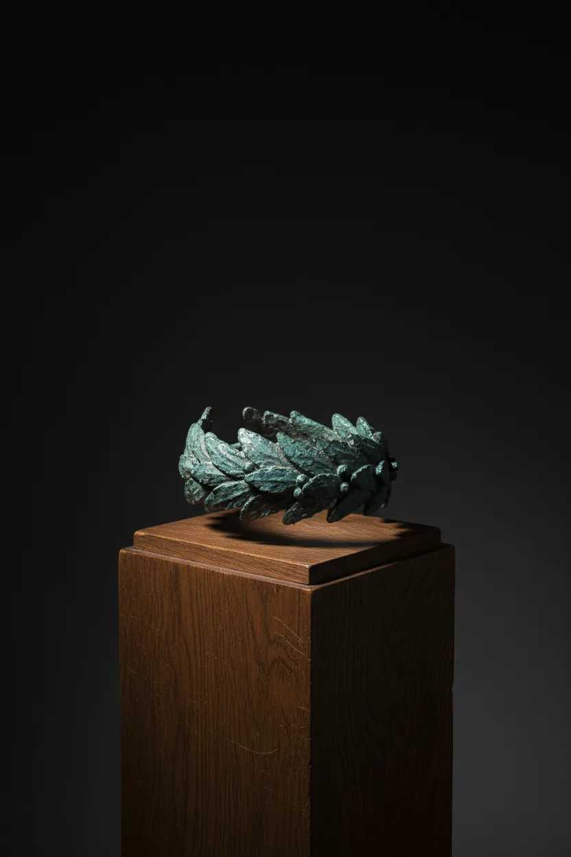 A bronze sculpture of a laurel-wreath crown on a gallery pedestal
