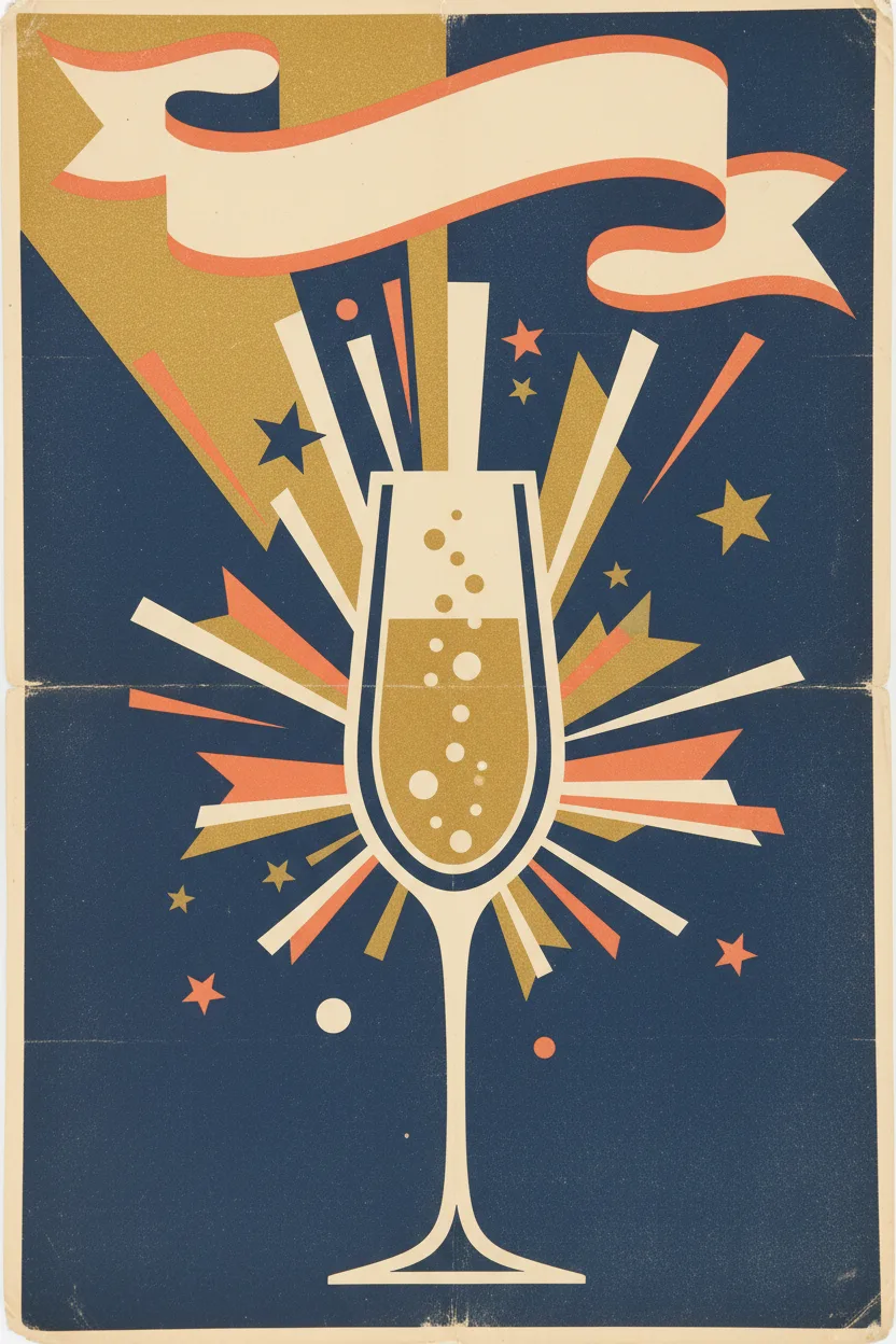A vintage mid-century Congratulations poster with ribbon and champagne