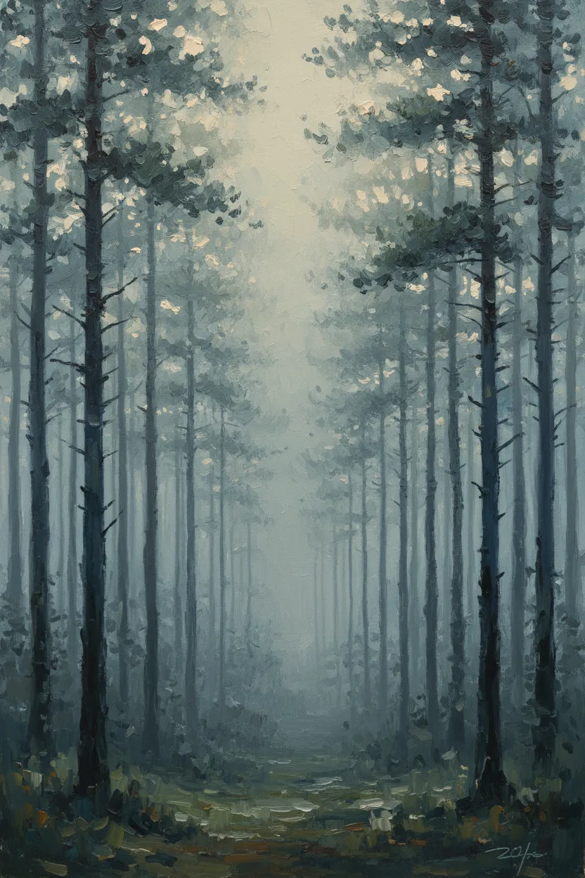 A dense pine forest in deep morning mist