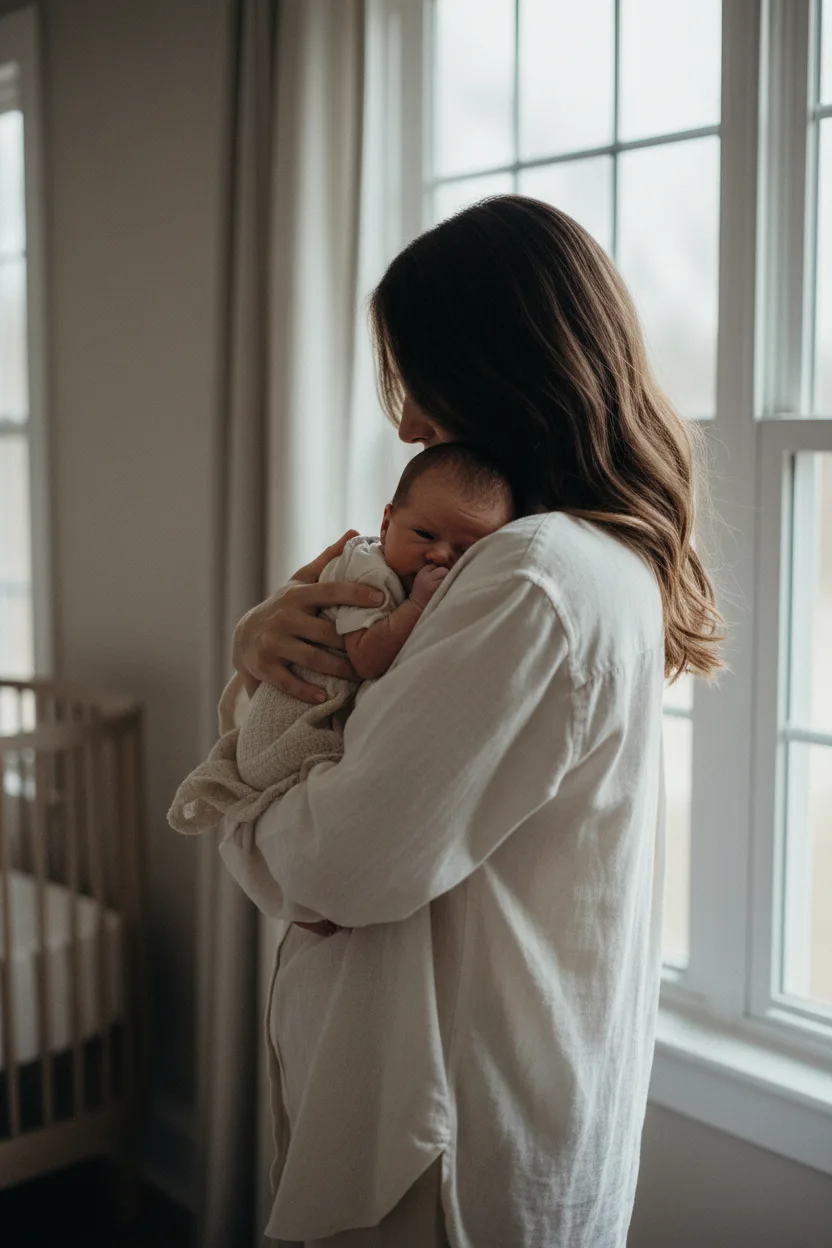 A mother holding her newborn by a window