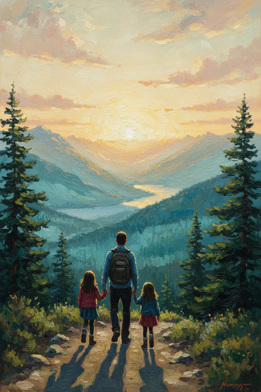 A faceless family of four hiking a mountain trail at golden hour