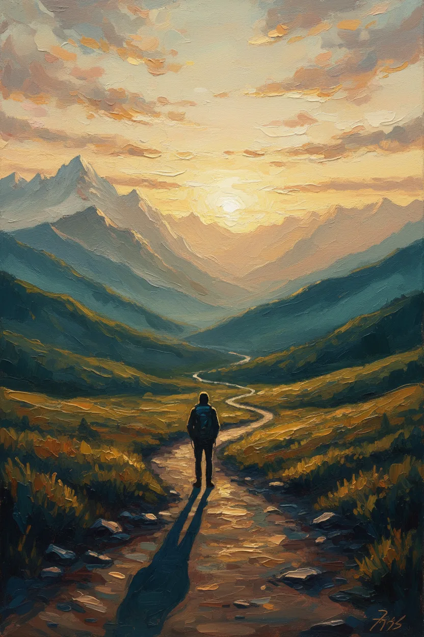 A hiker silhouette on a mountain trail at sunset