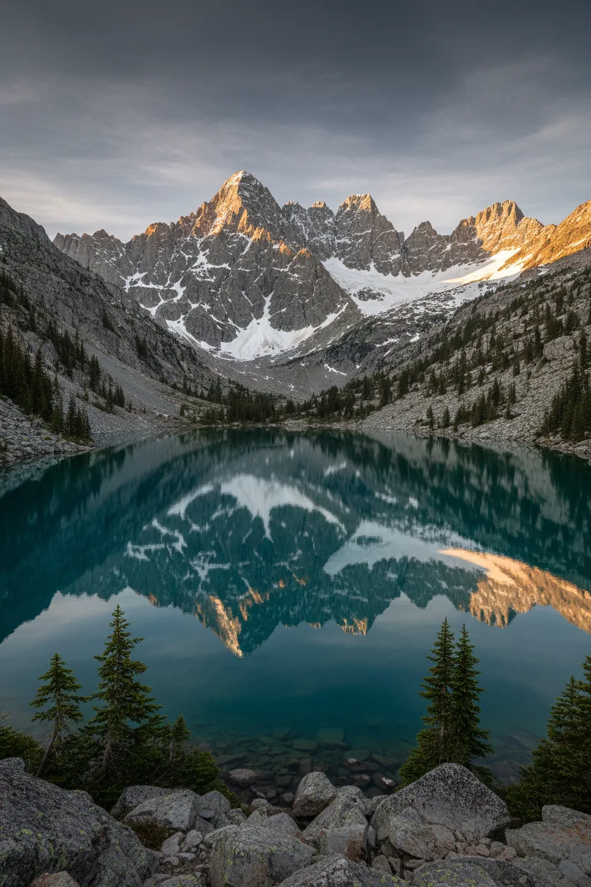 A real photograph of a mirror-still alpine lake reflecting snowy peaks at golden hour