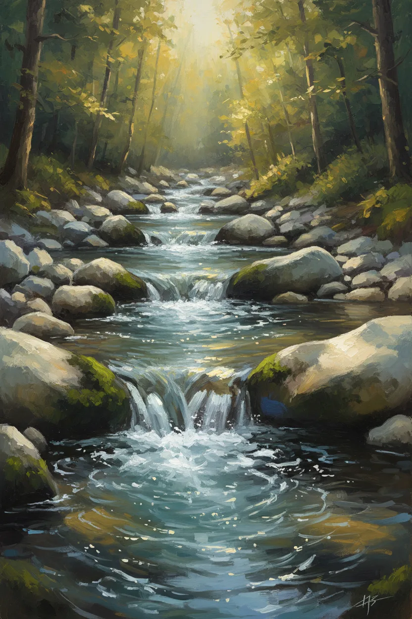 A clear bubbling mountain stream flowing through a sun-dappled forest