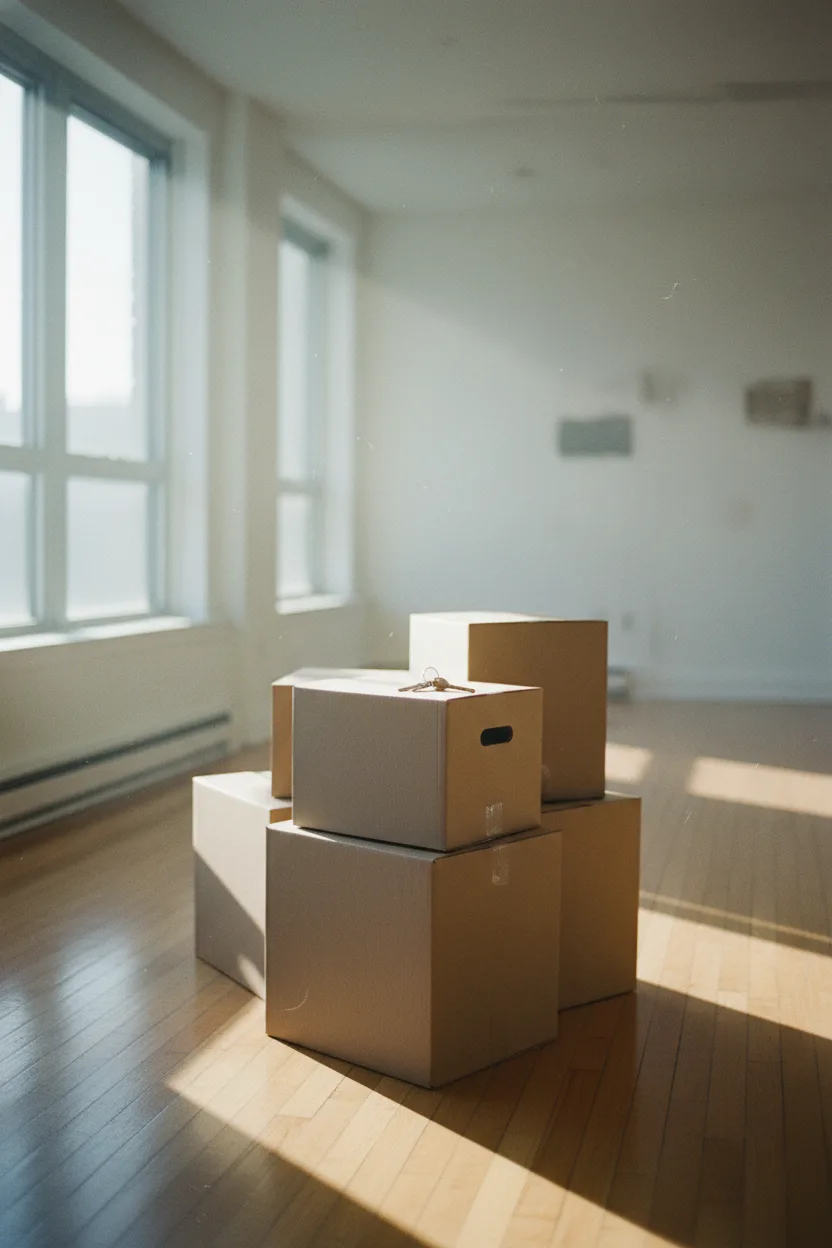 A real photograph of moving boxes stacked in a sunlit empty apartment