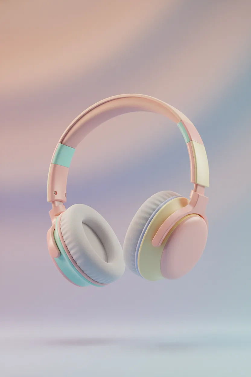 A 3D CGI render of pastel headphones on a gradient background