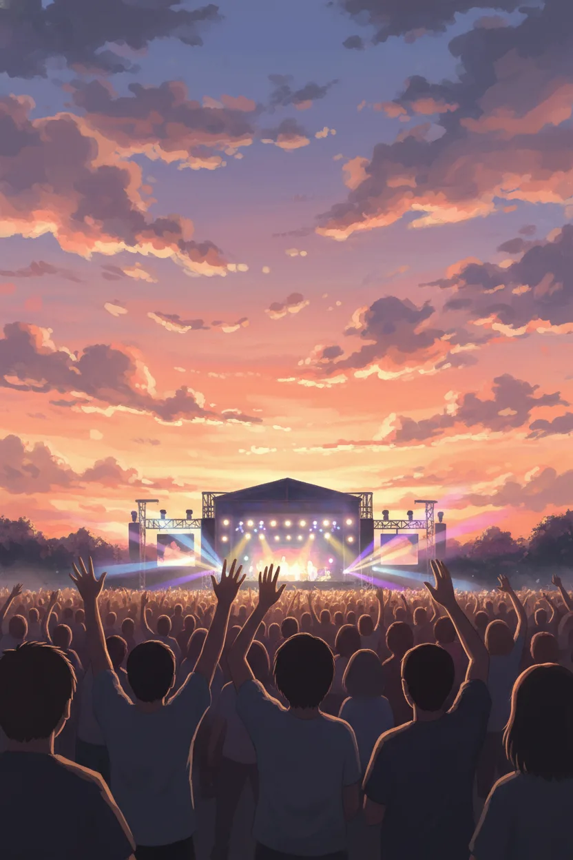 An anime scene of a sunset music festival with raised silhouettes