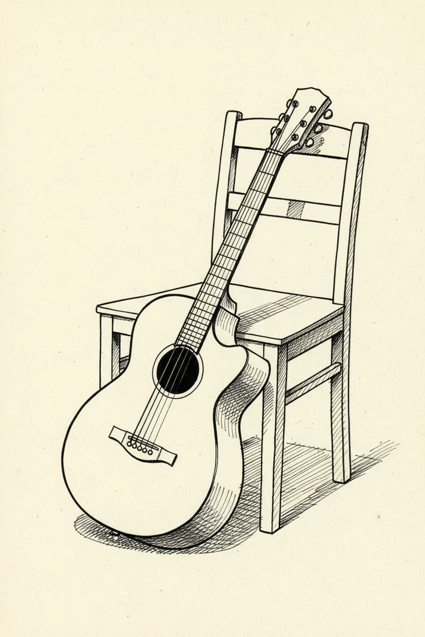 A black ink line drawing of an acoustic guitar against a chair