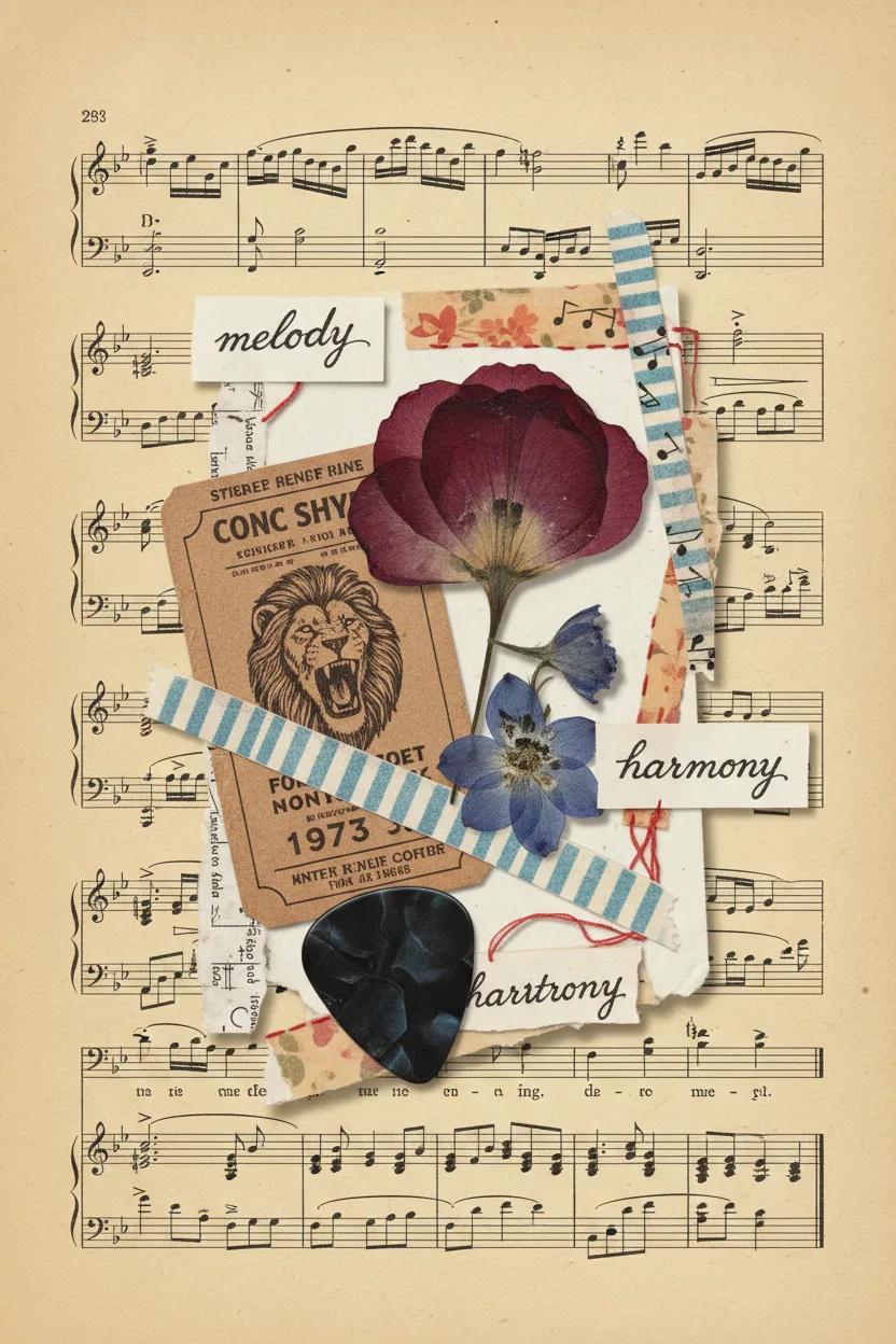 A mixed-media music collage with sheet music, concert ticket, guitar pick