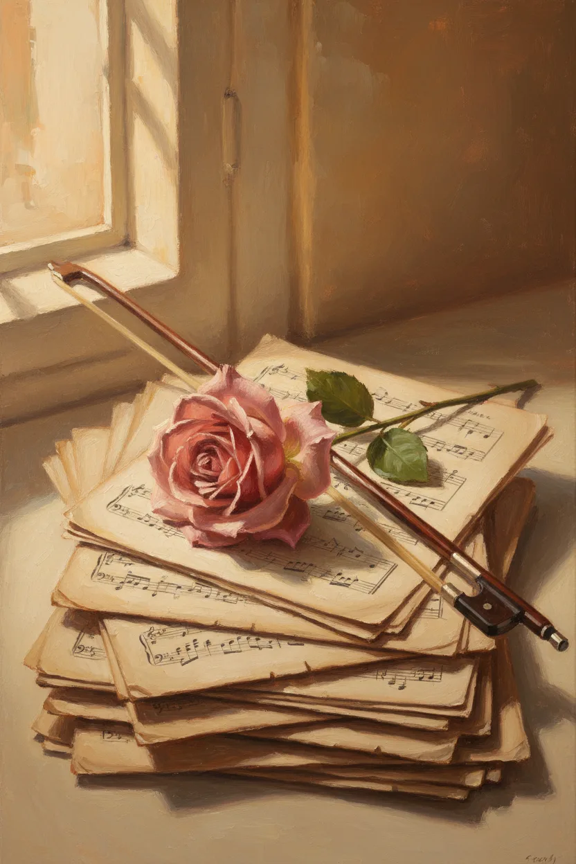 A still-life of vintage sheet music with a rose and violin bow