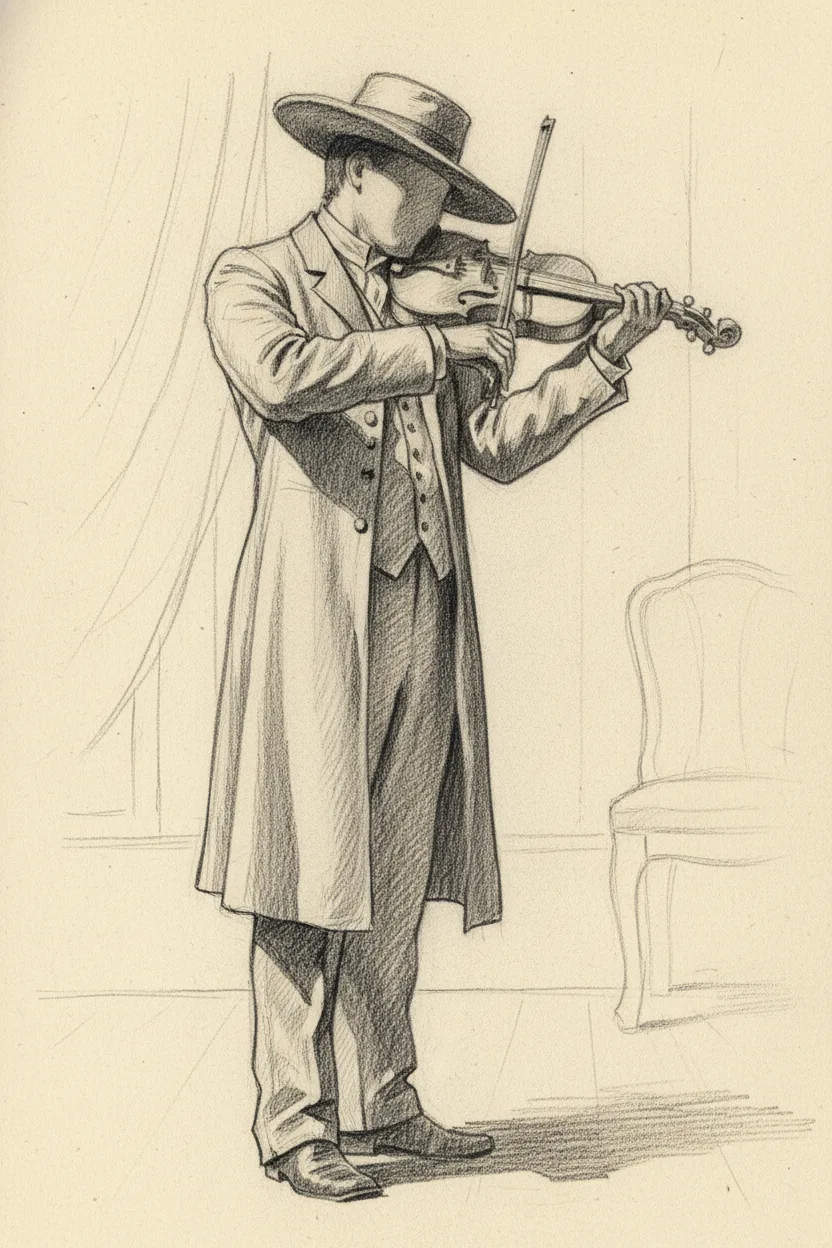 A pencil sketch of a faceless violinist playing on cream paper