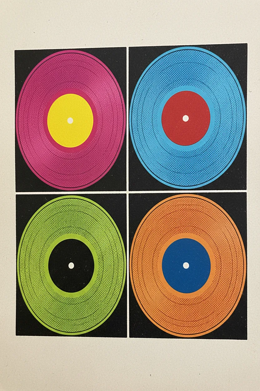 A pop-art screenprint of four vinyl records in a grid