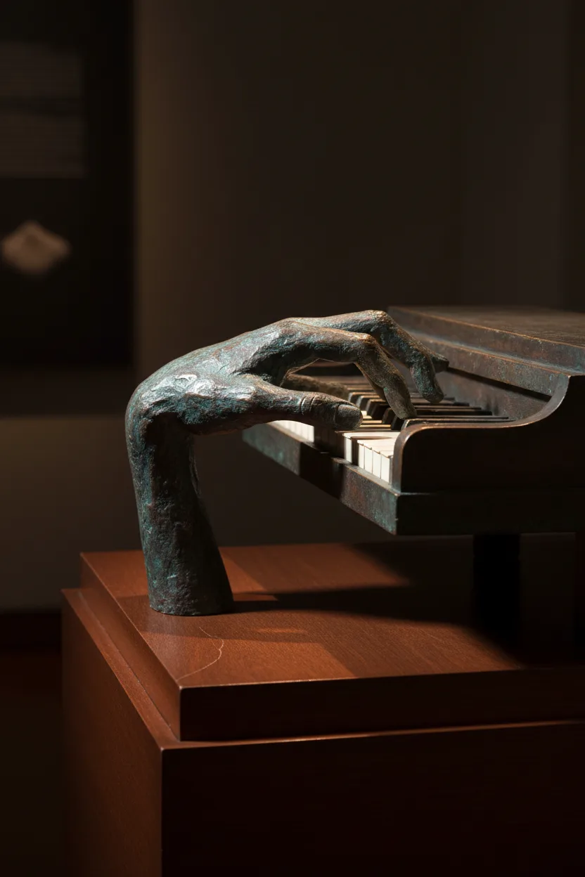 A bronze sculpture of a hand playing a piano keyboard
