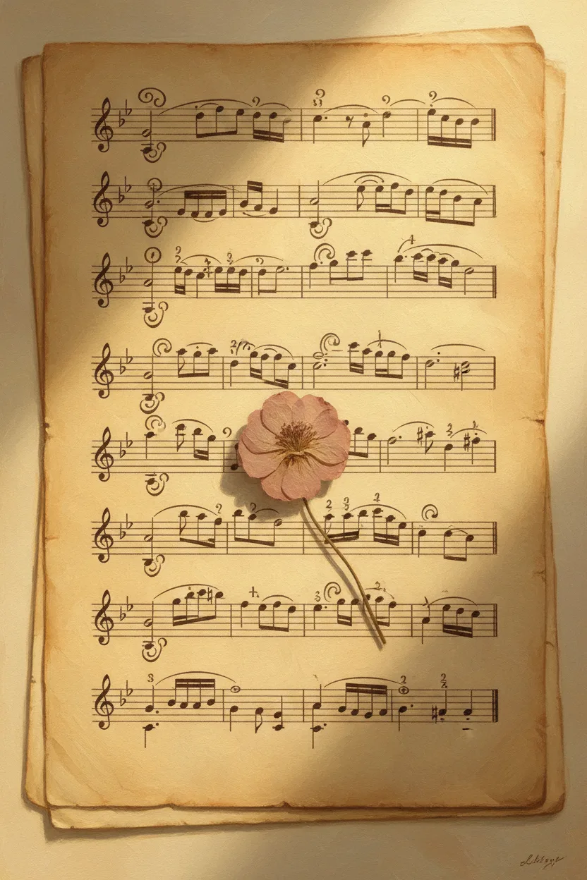 Old yellowed sheet music with a dried pressed flower across it