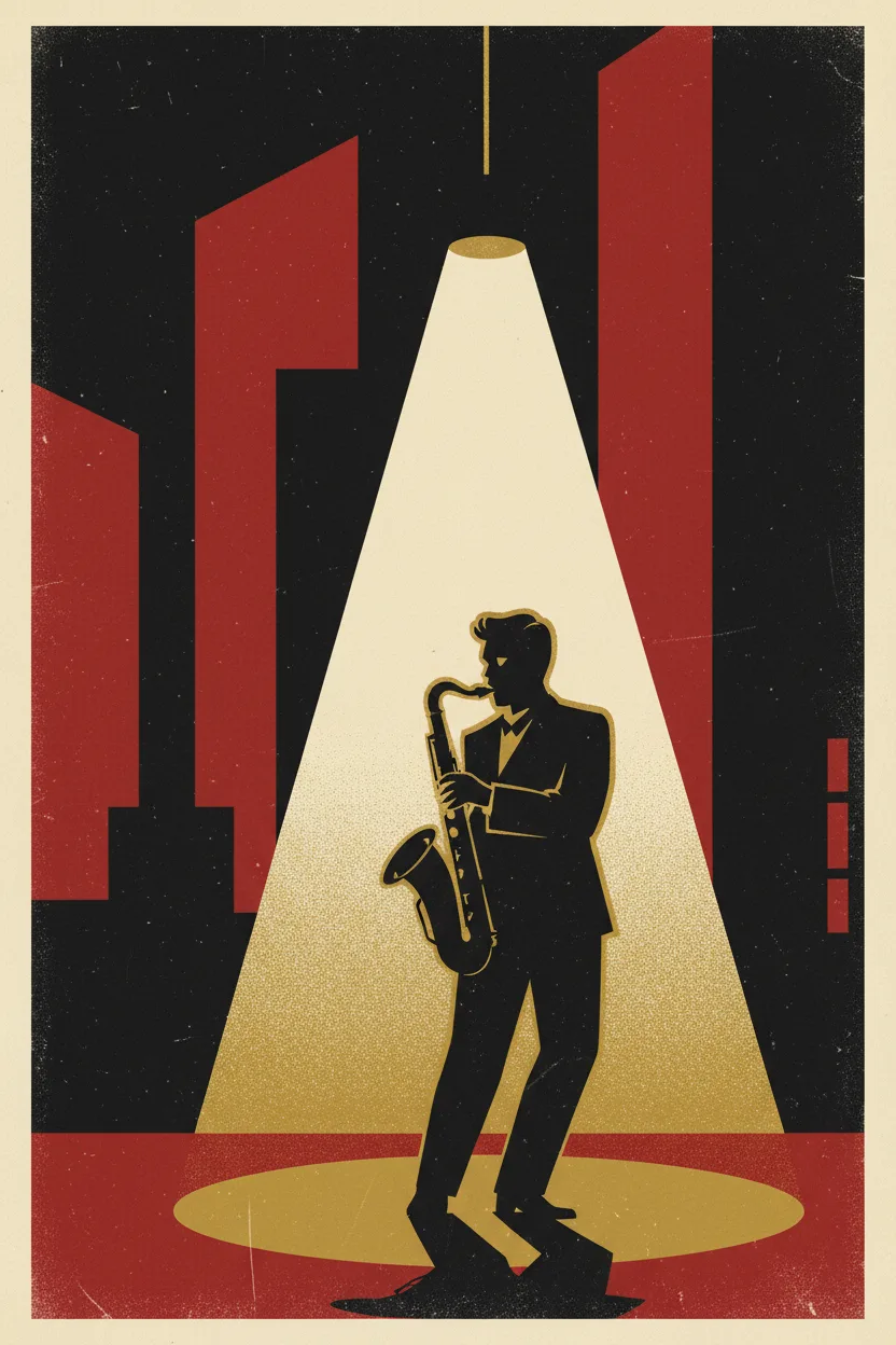 A vintage 1950s jazz-club poster with silhouetted saxophone player