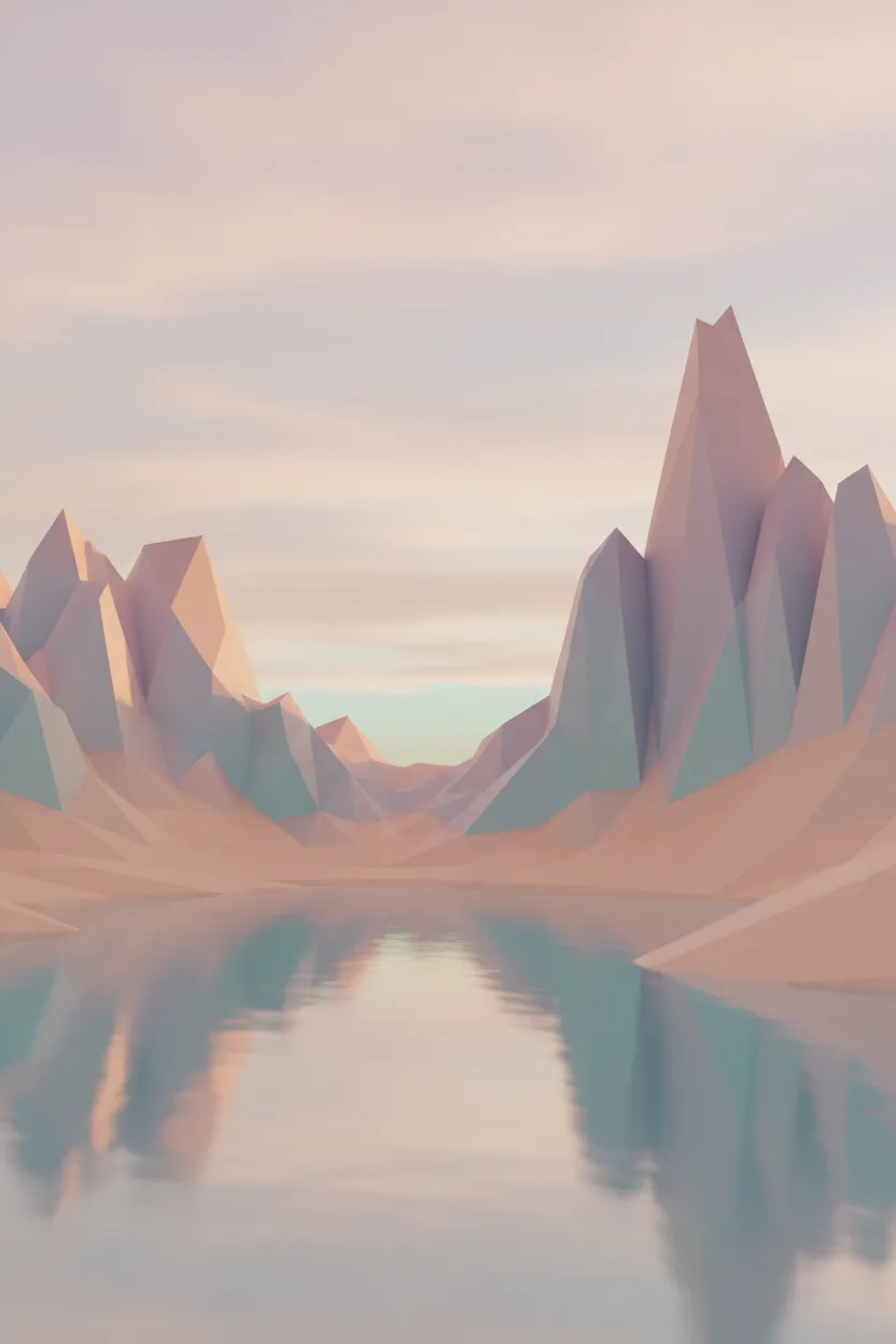 A 3D CGI render of a low-poly mountain landscape with a small lake