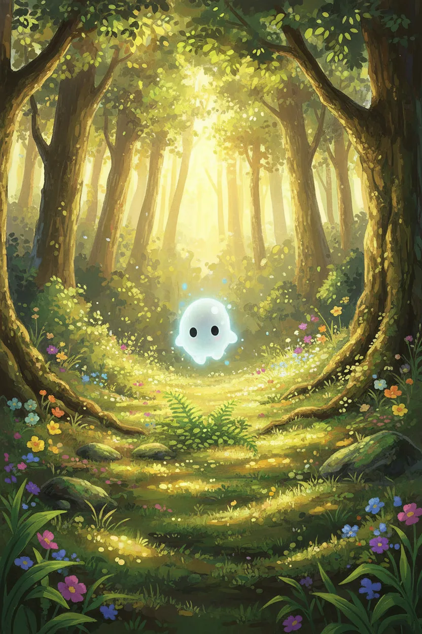 An anime scene of a sun-dappled forest clearing with a glowing spirit