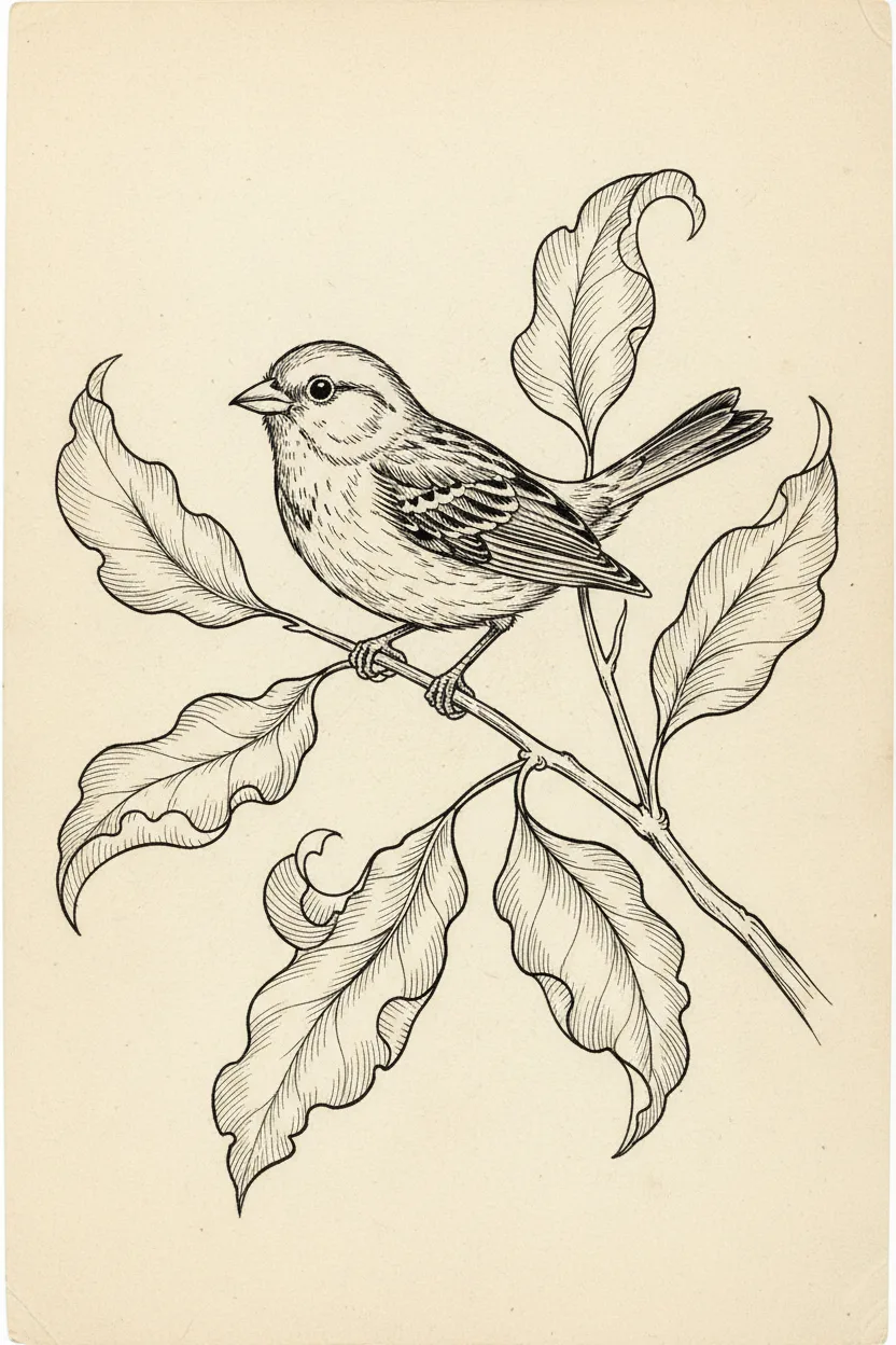 A black ink line drawing of a songbird perched on a leafy branch