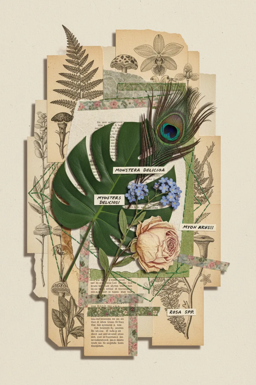 A mixed-media botanical collage with pressed leaves and feather