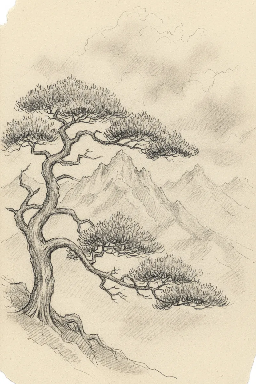 A pencil sketch of a mountain landscape with foreground pine tree