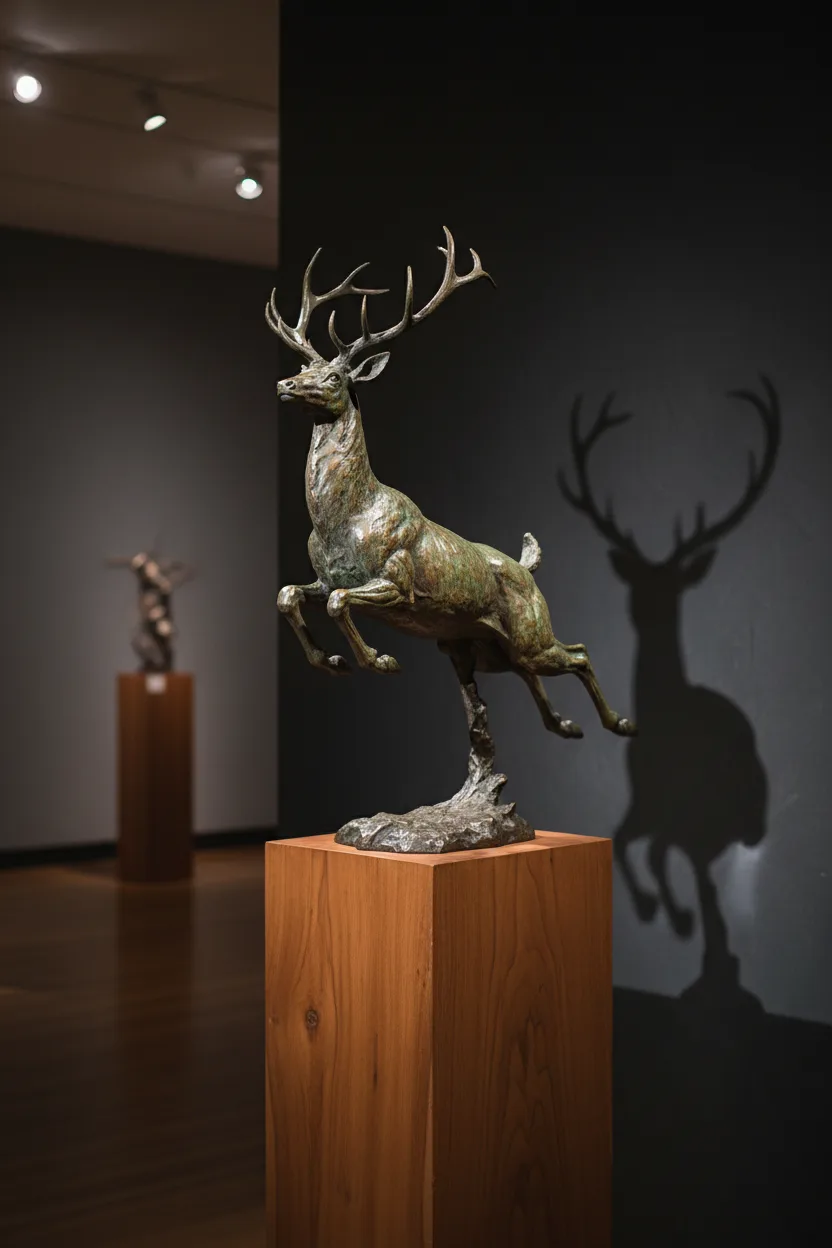 A bronze sculpture of a leaping deer on a gallery pedestal