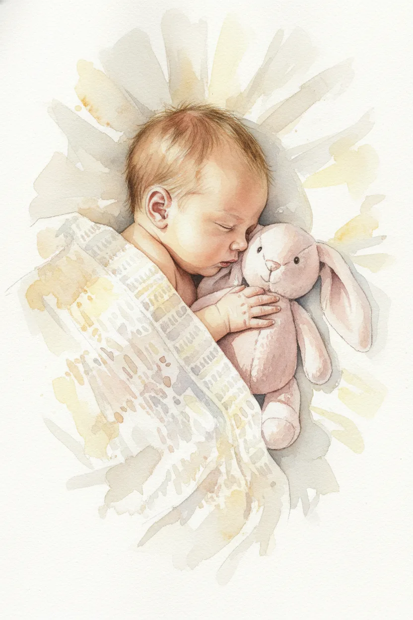 Soft watercolor of a sleeping newborn under a knit blanket