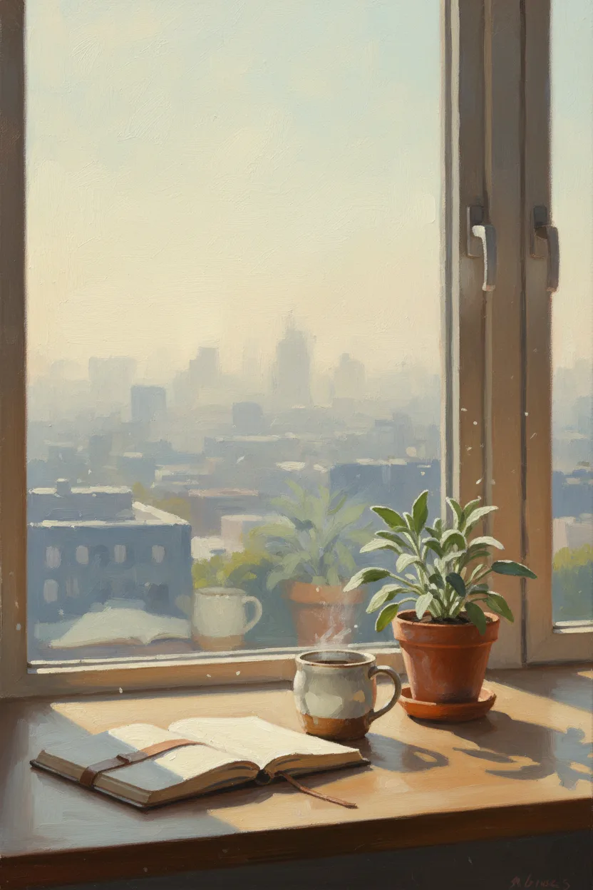 An empty office desk with morning city light streaming in