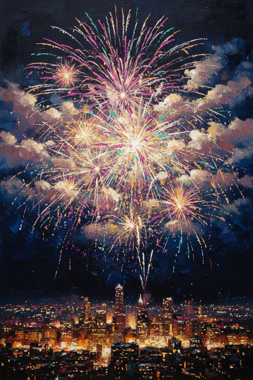 A city skyline with vibrant fireworks lighting the sky at midnight