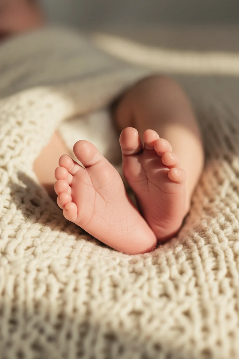 Close-up of newborn baby feet on a knit blanket