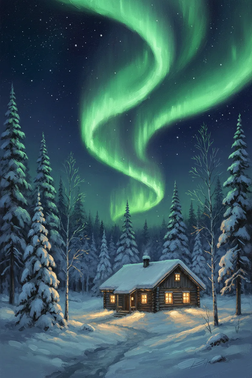 A cabin in snow under emerald and violet aurora borealis