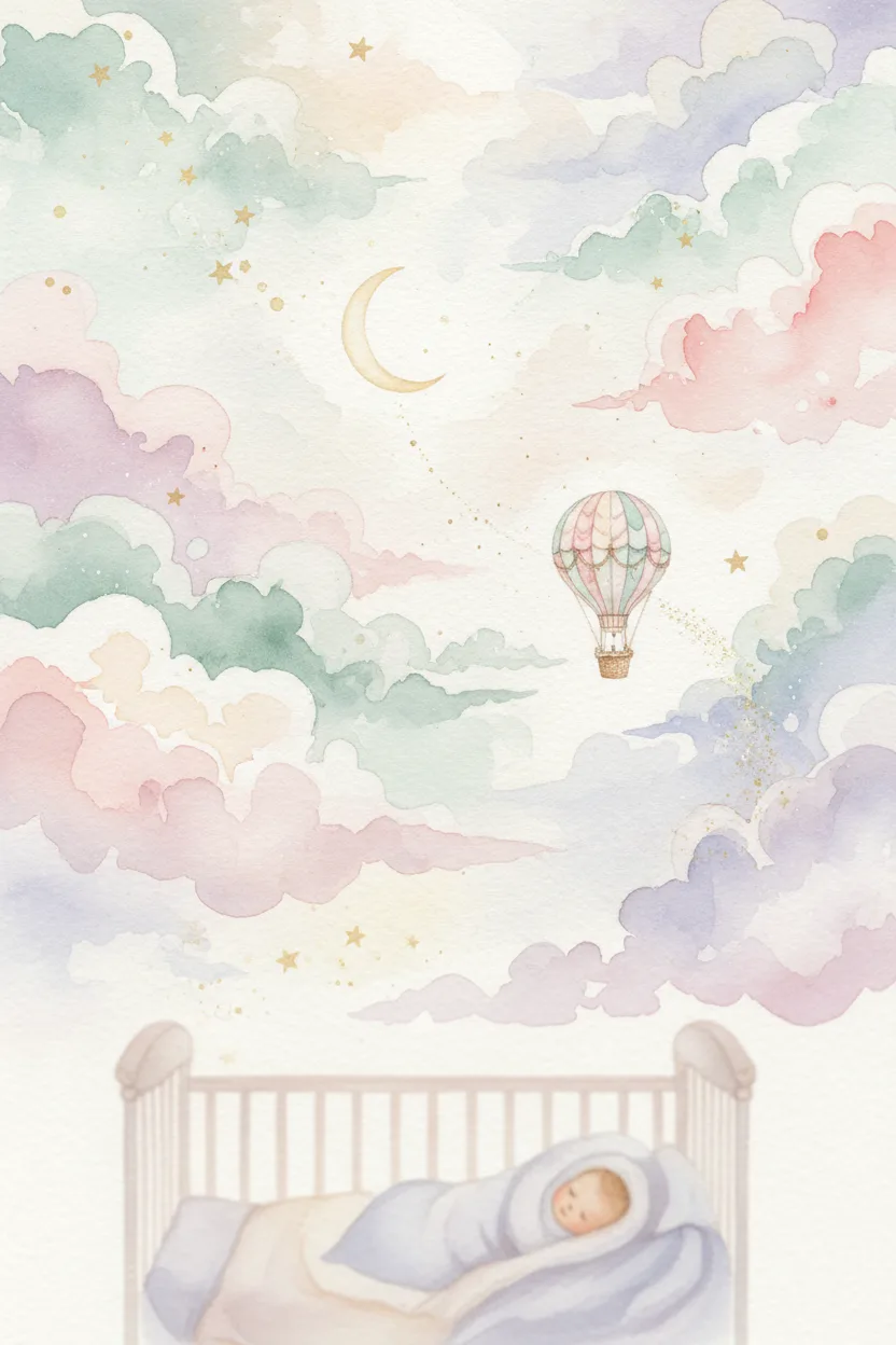 A whimsical pastel dreamscape with clouds, moon, stars