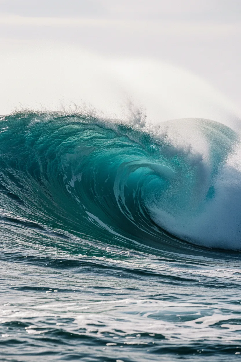 A real photograph of an ocean wave caught mid-curl with sunlight through the water
