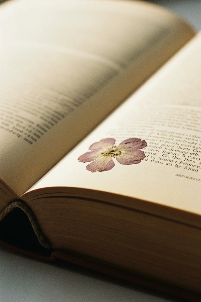 A real macro photograph of an open vintage book with a faint pressed flower on the page