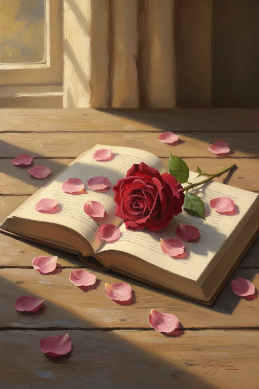 An open book with rose petals scattered across the pages