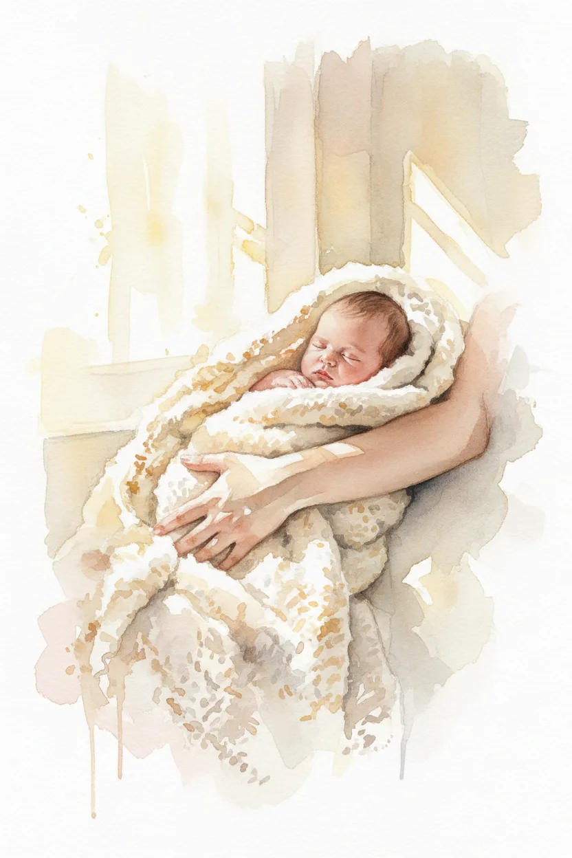 A parent's arm cradling a tiny sleeping newborn in a blanket