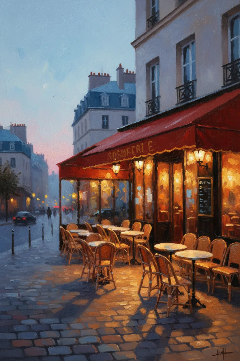 A Paris sidewalk cafe at twilight with red awning