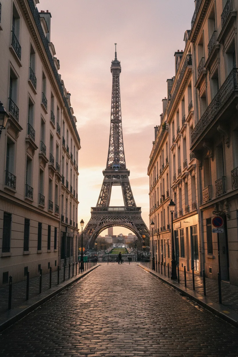 A real photographic view of the Eiffel Tower from a Paris side street at golden hour