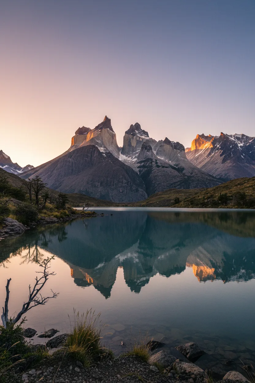 A real photograph of Patagonia's Torres del Paine reflected in a still lake at sunrise