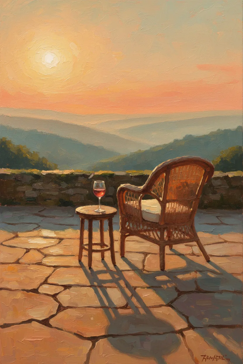A stone patio with a wicker chair and wine overlooking a sunset