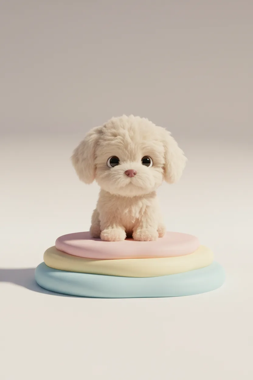 A 3D CGI render of a small fluffy puppy on a pastel pedestal