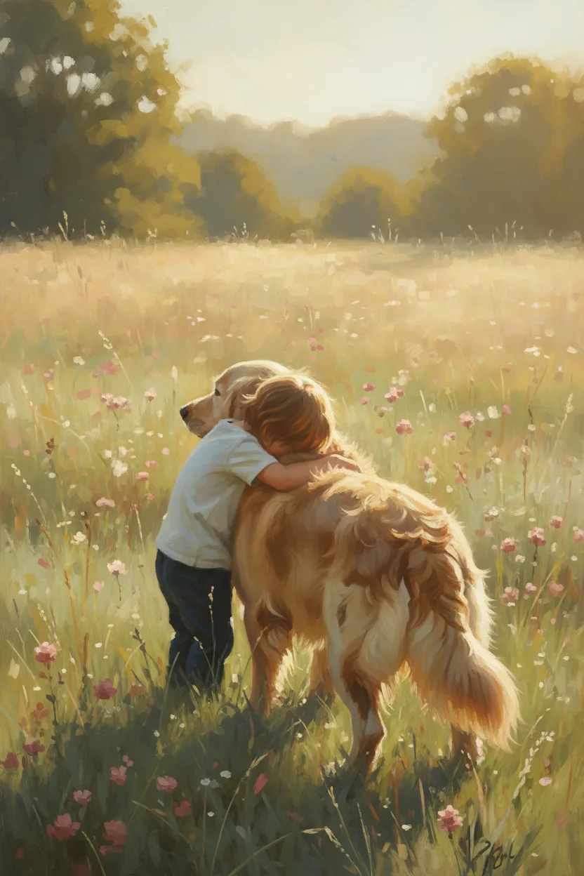 A child hugging a golden retriever in a sunlit meadow