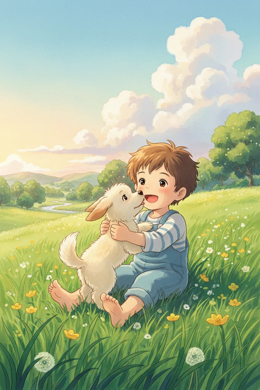 An anime scene of a child hugging a small fluffy dog in a sunlit meadow