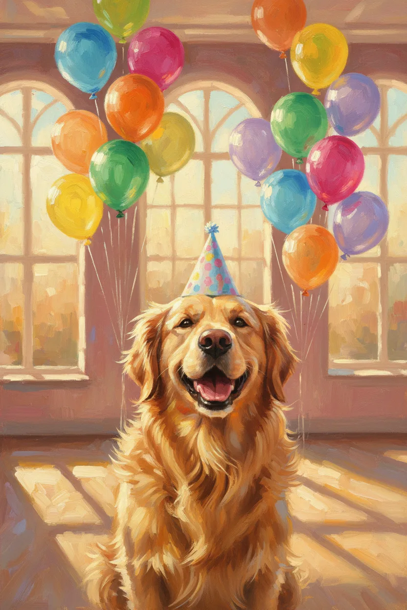A dog in a party hat with floating balloons