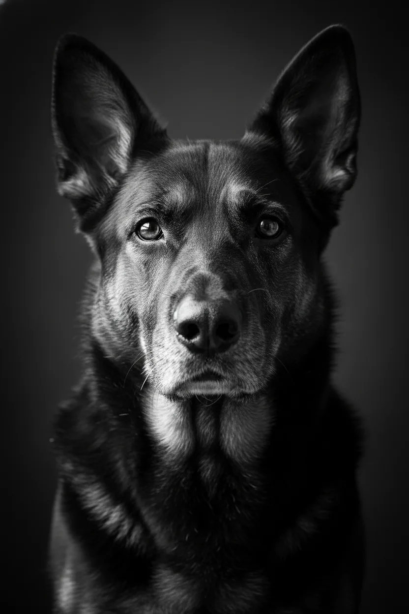 A dramatic black-and-white close-up portrait of a dignified dog