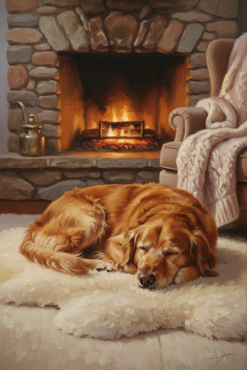 A sleeping dog by a glowing stone fireplace