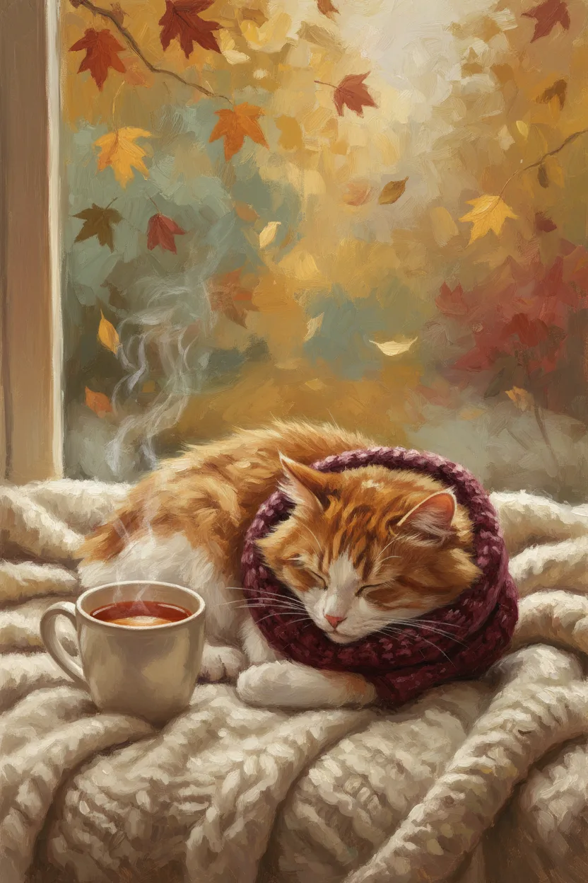 A fluffy cat in a knit scarf next to a steaming mug