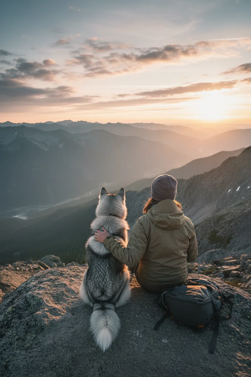 A husky watching sunrise at a mountain overlook with their owner