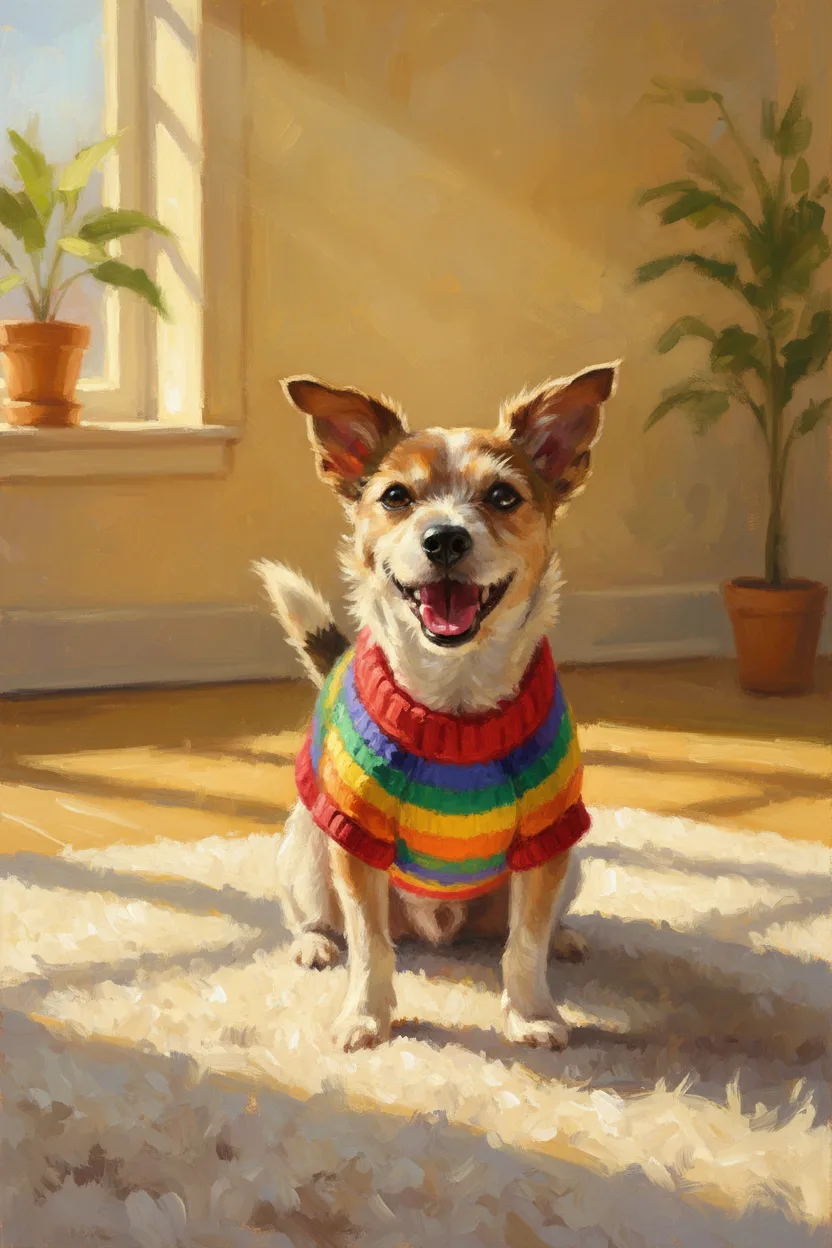 A happy small dog wearing a tiny rainbow knit sweater